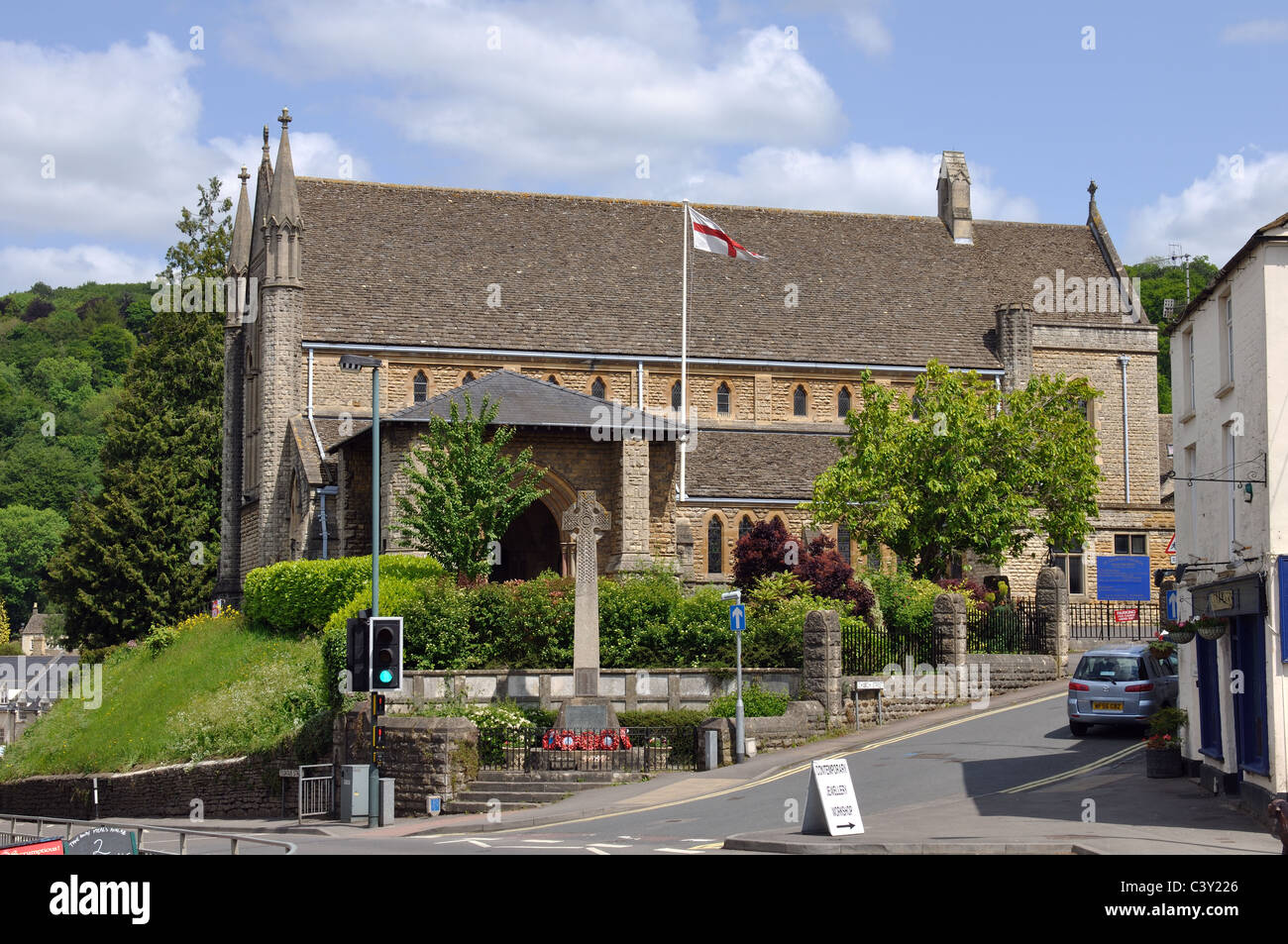 War memorial and St. George`s Church, Nailsworth, Gloucestershire, England, UK Stock Photo